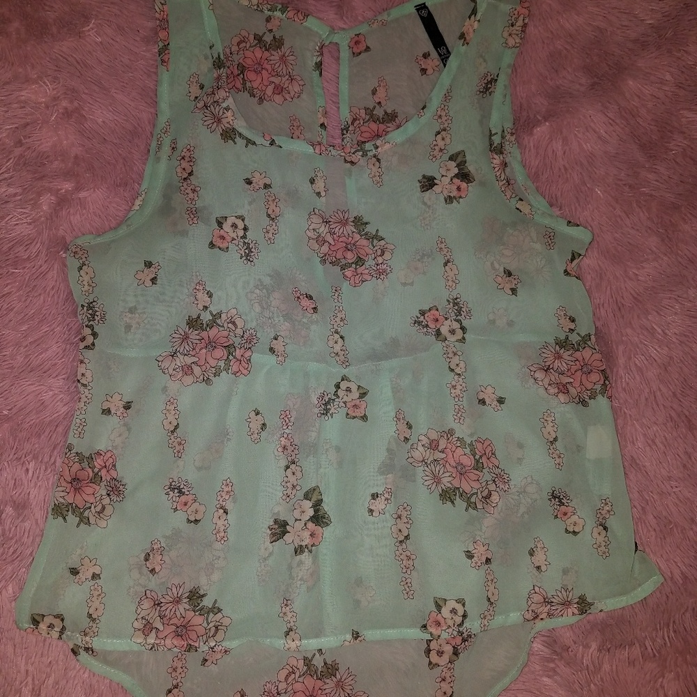 Sheer Mint Floral Hi-Lo Blouse with Keyhole Back
